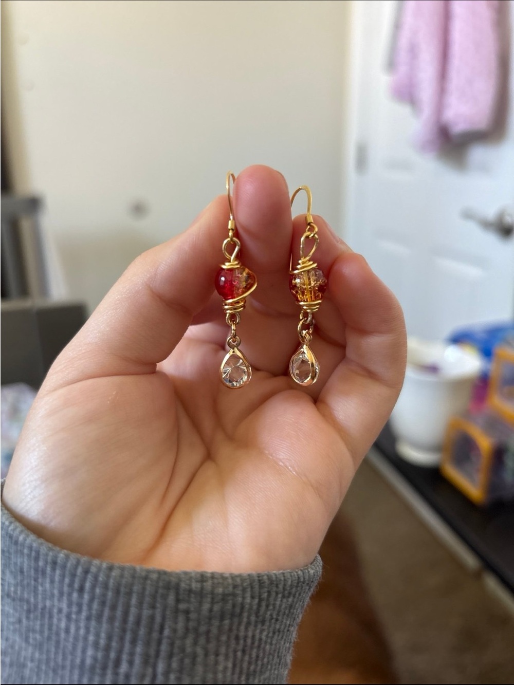 Gold-Tone Red Glass Bead Drop Earrings with Clear Teardrop Accent Matching Neck